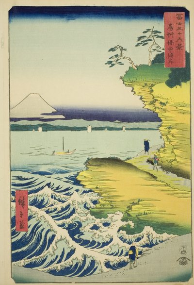 Hota Beach Awan maakunnassa (Boshu Hota no kaigan), sarjasta "Kolmekymmentäkuusi näkymää Fuji-vuorelle (Fuji sanjurokkei)" tekijältä Utagawa Hiroshige