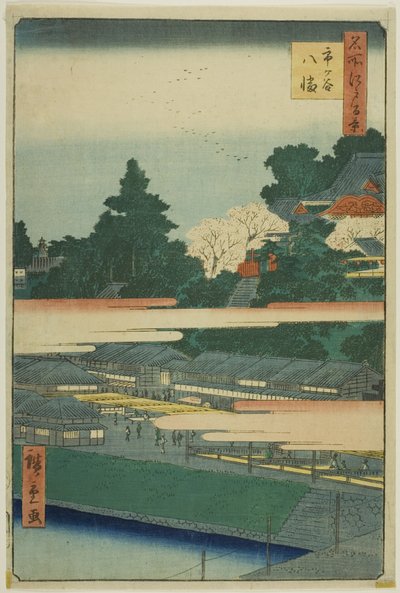 Ichigaya Hachiman -pyhäkkö (Ichigaya Hachiman), sarjasta "Sata kuuluisaa näkymää Edosta (Meisho Edo hyakkei)". tekijältä Utagawa Hiroshige