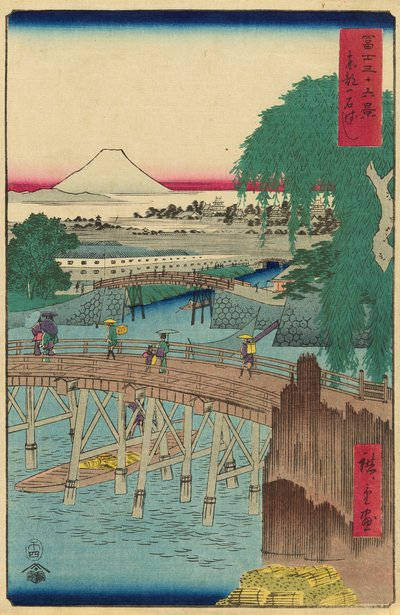 Ichikoku-silta itäpääkaupungissa (Toto Ichikokubashi), sarjasta "Kolmekymmentäkuusi näkymää Fuji-vuorelle (Fuji sanjurokkei)" tekijältä Utagawa Hiroshige