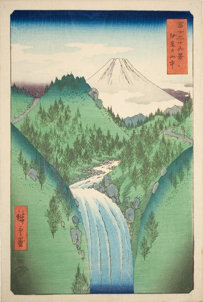 Izun maakunnan vuoristossa (Izu no sanchu), sarjasta "Kolmekymmentäkuusi näkymää Fuji-vuorelle (Fuji sanjurokkei)" tekijältä Utagawa Hiroshige