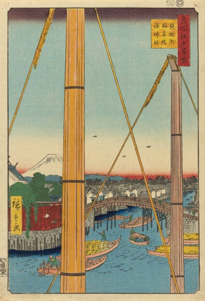 Inari B harjun luonnos d Port Shline, Teppo Figuuri (Teppo Figuuri Inari Bridge Minato Shrine)” tekijältä Utagawa Hiroshige