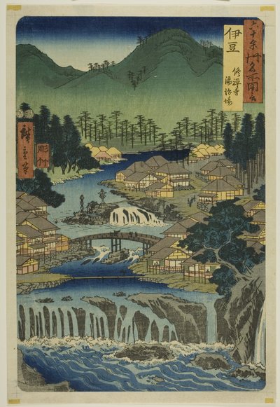 Izun maakunta: Shuzenin temppelin kuumat lähteet (Izu, Shuzenji tojiba), sarjasta "Kuuluisia paikkoja kuudessakymmenessä maakunnassa (Rokujuyoshu meisho zue)". tekijältä Utagawa Hiroshige