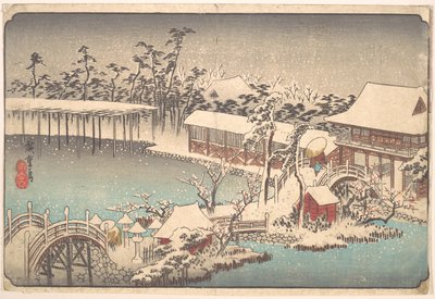 Lunta Kameido Tenmangū -pyhäkön alueella tekijältä Utagawa Hiroshige