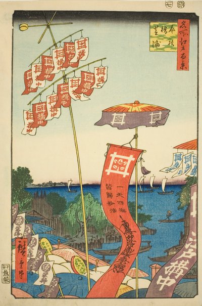 Kanasugi Bridge at Shibaura (Kanasugi Bridge Shibaura), sarjasta "Ridge dre d Fa nets Views of Edo (Sata kuuluisaa näköalaa Edoon)" tekijältä Utagawa Hiroshige