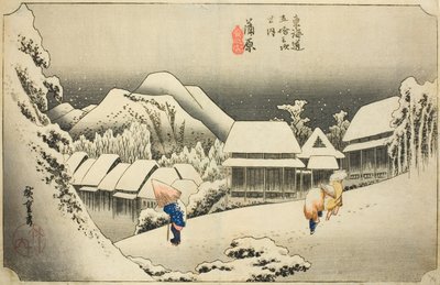 Kanbara: Illan lumi (Kanbara, yoru no yuki), sarjasta "Fifty-three Stations of the Tokaido (Tokaido gojusan tsugi no uchi)," tunnetaan myös nimellä Hoeido Tokaido tekijältä Utagawa Hiroshige