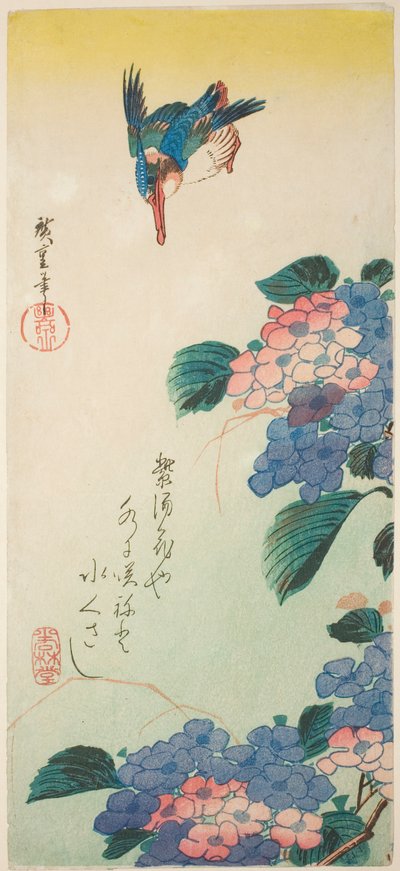 Kingfisher ja hortensia tekijältä Utagawa Hiroshige