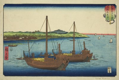 Kisarazu Kazusan maakunnassa (Kazusa Kisarazu), sarjasta "Painiottelut vuorten ja merien välillä (Sankai mitate zumo)" tekijältä Utagawa Hiroshige