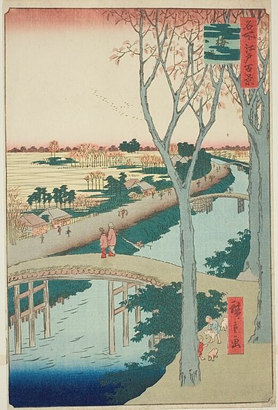 Koume Embankment (Koumezutsumi), nro 104 sarjasta "Sata kuuluisaa näkymää Edosta (Meisho Edo hyakkei)". tekijältä Utagawa Hiroshige