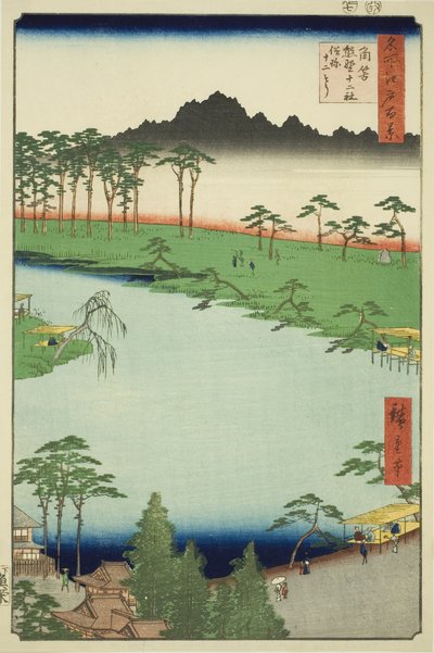 Kumano Junisha -pyhäkkö Tsunohazussa, joka tunnetaan myös nimellä Juniso (Tsunohazu Kumano Junisha, zokusho Juniso), sarjasta "Sata kuuluisaa näkymää Edosta (Meisho Edo hyakkei)" tekijältä Utagawa Hiroshige