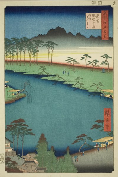 Kumano Junisha -pyhäkkö Tsunohazussa, joka tunnetaan myös nimellä Juniso (Tsunohazu Kumano Junisha, zokusho Juniso), sarjasta "Sata kuuluisaa näkymää Edosta (Meisho Edo hyakkei)" tekijältä Utagawa Hiroshige
