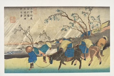Kutsukake: näkymä sateeseen Hiratsukan tasangolla sarjasta "Kisokaidōn 69 asemaa" tekijältä Utagawa Hiroshige