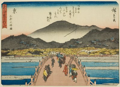 Kioto: Suuri silta Sanjossa (Kyo, Sanjo Ohashi zu), sarjasta "Fifty-three Stations of the Tokaido (Tokaido gojusan tsugi)", joka tunnetaan myös nimellä Tokaido runolla (Kyoka iri Tokaido) tekijältä Utagawa Hiroshige