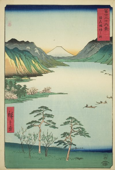 Shinano Shinano P Lovinse (New Species Suwa Lake), sarjasta "Tierty Mr. x Näkymät Fuji-vuorelle (Fuji Usa Kotobuki Rokukatsu)" tekijältä Utagawa Hiroshige