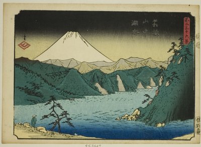 Järvi Hakone-vuoristossa (Hakone sanchu kosui), sarjasta "Kolmekymmentäkuusi näkymää Fuji-vuorelle (Fuji sanjurokkei)" tekijältä Utagawa Hiroshige