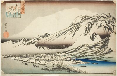 Lingering Snow on Mount Hira (Hira no bosetsu), sarjasta "Kahdeksan näkymää Omin maakunnasta (Omi hakkei no uchi)" tekijältä Utagawa Hiroshige