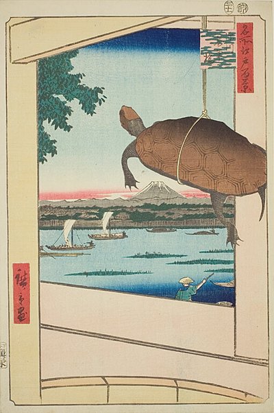 Mannen silta, Fukagawa (Fukagawa Mannenbashi), nro 56 sarjasta "Sata kuuluisaa näkymää Edosta (Meisho Edo hyakkei)". tekijältä Utagawa Hiroshige