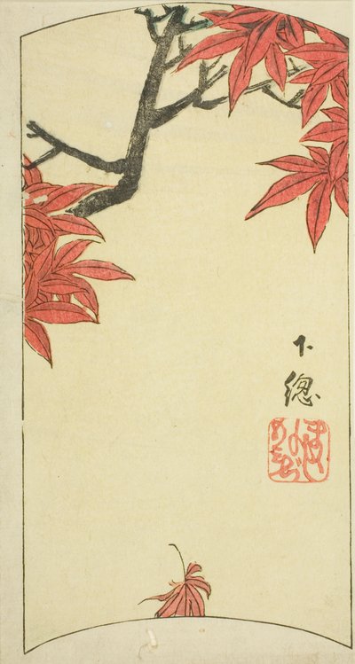 Vaahteranlehdet Shimosan maakunnassa (Shimosa, momiji), osa arkista nro. 7 sarjasta "Cutout Pictures of the Provinces (Kunizukushi harimaze zue)" tekijältä Utagawa Hiroshige
