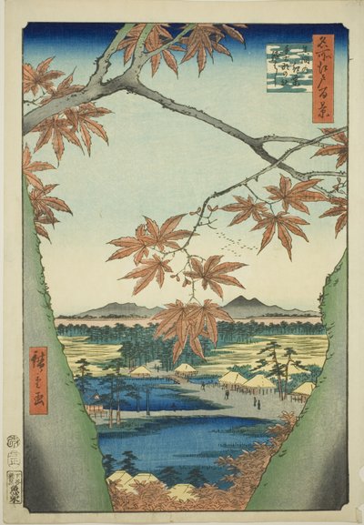 Maple Trees at Mama, Tekona Shrine ja Tsugi Bridge (Mama no momiji, Tekona no yashiro, Tsugihashi), sarjasta "Sata kuuluisaa näkymää Edosta (Meisho Edo hyakkei)" tekijältä Utagawa Hiroshige