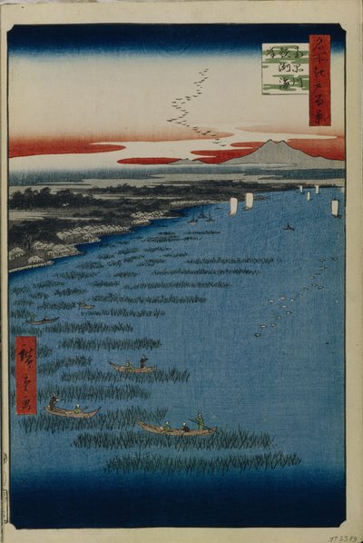 Minamishinagawa suunnitelma d Samezu ydin st harjanteen haara d punainen fa net Edon näkymä, 1856-1858 tekijältä Utagawa Hiroshige