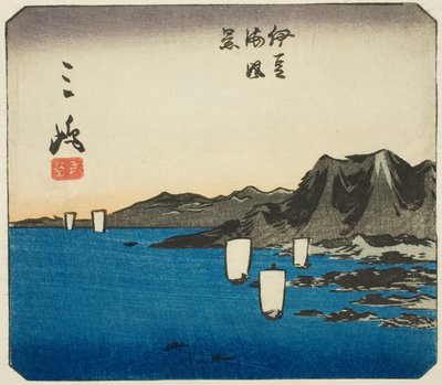 Mishima, osa arkista nro. 3 sarjasta "Cutout Pictures of the Tokaido (Tokaido harimaze zue)" tekijältä Utagawa Hiroshige