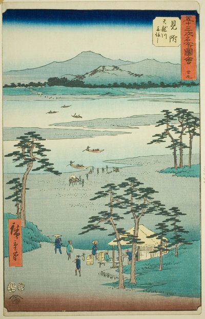Mitsuke: Lautta Tenryu-joella (Mitsuke, Tenryugawa funewatashi), nro 29 sarjasta "Famous Sights of the Fifty-three Station (Gojusan tsugi meisho zue)", joka tunnetaan myös nimellä Vertical Tokaido tekijältä Utagawa Hiroshige