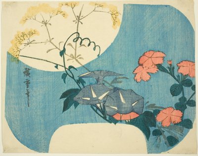 Morning Glories, Pinks ja Maiden Flower sarjasta "Seitsemän syksyn kukkaa kuutamossa" tekijältä Utagawa Hiroshige
