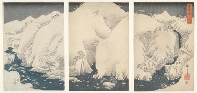 Vuoria ja jokia Kison valtatien varrella lumen alla tekijältä Utagawa Hiroshige