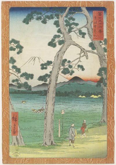 Fujivuori vasemmalla To_kaido_ Roadilta nähtynä, huhtikuu 1858 tekijältä Utagawa Hiroshige