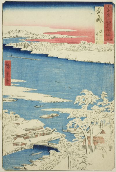 Musashin maakunta: Aamu lumen jälkeen Sumida-joella (Musashi, Sumidagawa yuki no ashita), sarjasta "Famous Places in the Sixty-odd Provinces (Rokujuyoshu meisho zue)" tekijältä Utagawa Hiroshige
