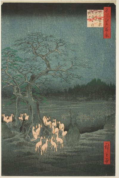 Uudenvuodenaaton kettu tuli muuttuvassa puussa (Ōji shozoku enoki omisoka no kitsunebi), sarjasta Sata kuuluisaa näkymää Edoon (Meisho Edo hyakkei) tekijältä Utagawa Hiroshige