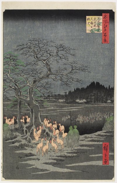 Uudenvuodenaaton Foxfires at Nettle Tree, O_ji, syyskuu 1857 tekijältä Utagawa Hiroshige