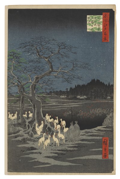 Ketuntulet uudenvuodenaattona Muuttuvan puun luona Ōjissa tekijältä Utagawa Hiroshige