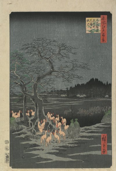 Uudenvuodenaaton ketun tulipalot Hackberry-puussa O_jissa, 1857 tekijältä Utagawa Hiroshige