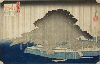 Seuraavalla rivillä osoitteessa Karasaki no yo, sarjasta "Kahdeksan näkymää kahdeksan näkymästä" tekijältä Utagawa Hiroshige