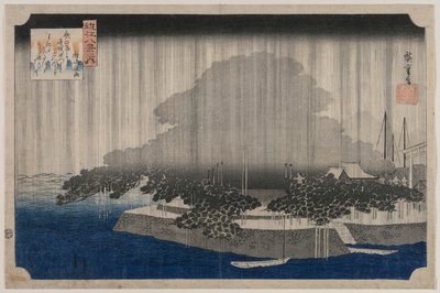 Night Rain at Karasaki, sarjasta Omin kahdeksan näkymää, c. 1835. tekijältä Utagawa Hiroshige