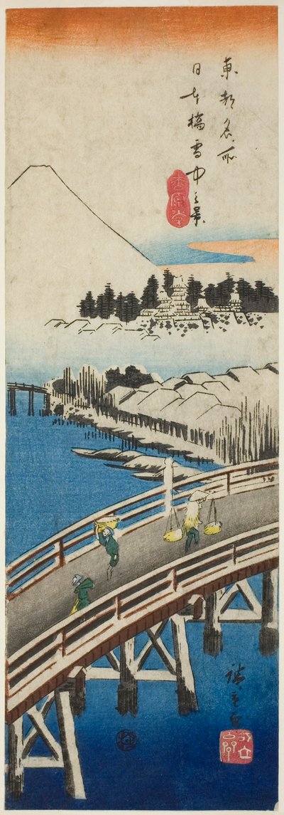 Nihon-silta nähty lumessa (Nihonbashi setchu no kei), sarjasta "Famous Views in the Eastern Capital (Toto meisho)" tekijältä Utagawa Hiroshige