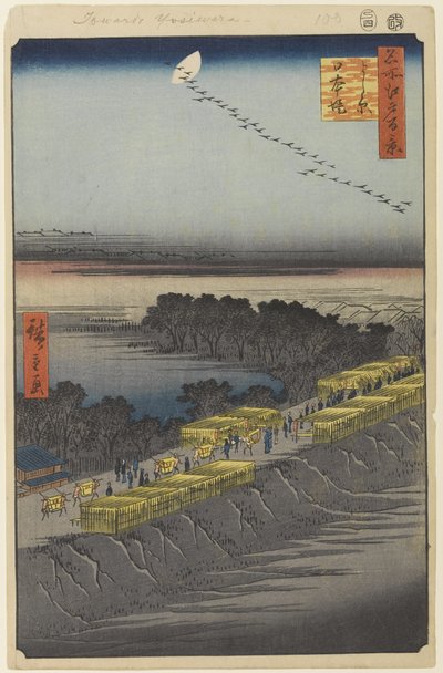 Nihon Embankment, Yoshiwara, nro 100 julkaisusta One Hundred Famous Views of Edo, 1857 (puukiviprintti) tekijältä Utagawa Hiroshige