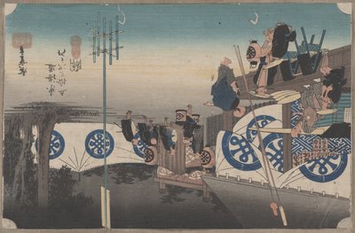 Nro 48 "Seki: Varhainen lähtö Honjinista" Tokaidon 53 asemalta, n. 1834 tekijältä Utagawa Hiroshige