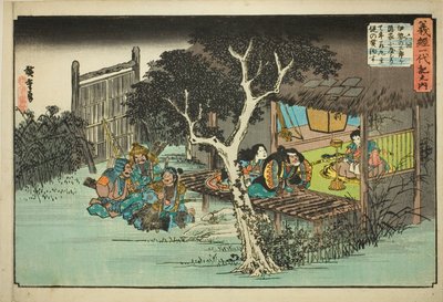 Nro 6: Ise no Saburo vannoo uskollisuutta Ushiwakamarulle (Rokukai, Ise no Saburo ga kakurega ni yadorite Ushiwakamaru shuju o yakusu), sarjasta "Yoshitsunen elämä (Yoshitsune Ichidaiki no uchi)" tekijältä Utagawa Hiroshige