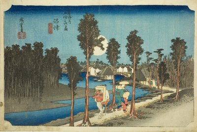 Numazu—Dusk (Numazu—tasogare zu), sarjasta Tōkaidō-tien viisikymmentäkolme asemaa (Tōkaidō gojūsan tsugi no uchi) tekijältä Utagawa Hiroshige
