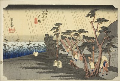 Oiso: Oiso, Tora ga ame (Oiso, Tora ga ame), sarjasta "Tokaidon tien 53 asemaa (Tokaido gojusan tsugi no uchi)", joka tunnetaan myös nimellä Hoeido Tokaido. tekijältä Utagawa Hiroshige
