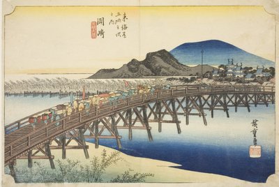 Okazaki: Yahagi Bridge (Okazaki, Yahagi no hashi), sarjasta "Fifty-three Stations of the Tokaido (Tokaido gojusan tsugi no uchi)," tunnetaan myös nimellä Hoeido Tokaido tekijältä Utagawa Hiroshige
