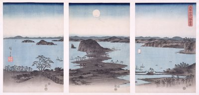 Panoraama Kanazawan näkymistä täysikuun alla, sarjasta "Lumi, kuu ja kukat", 1857 (puupainatus) tekijältä Utagawa Hiroshige