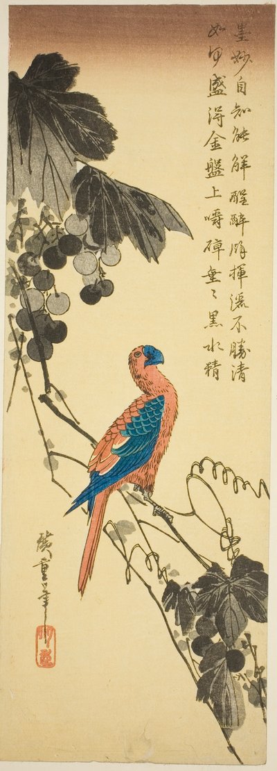 Papukaija viiniköynnöksellä tekijältä Utagawa Hiroshige