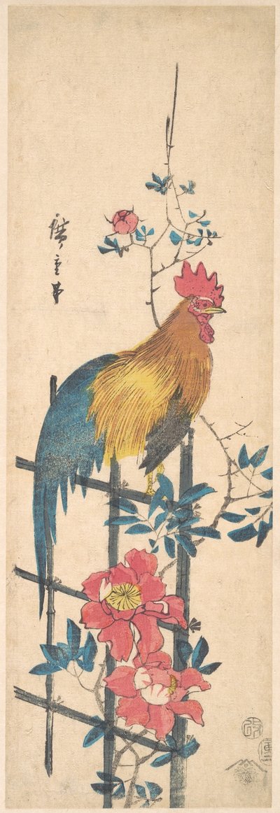Pfingstrose und Hahn tekijältä Utagawa Hiroshige