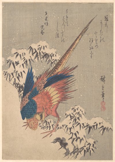 Fasaani lumisten bambujen keskellä vuorenrinteellä tekijältä Utagawa Hiroshige