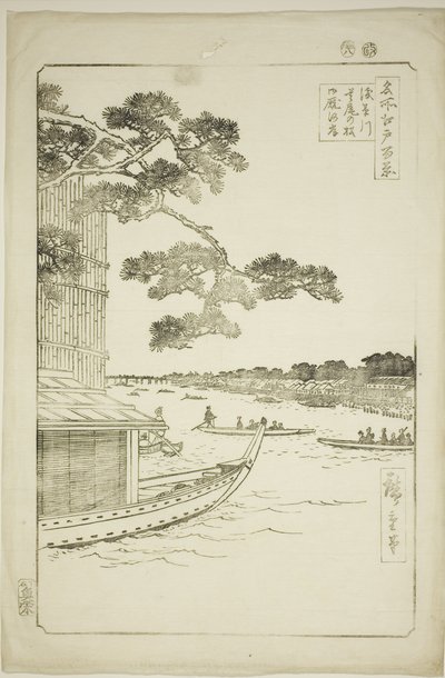 Pine f Sutton Plan d Umaya, Asakusa-joki (Asakusa-joen puolustus mäntyhevoset ja nälkä), sata näkymää Edoon)” tekijältä Utagawa Hiroshige