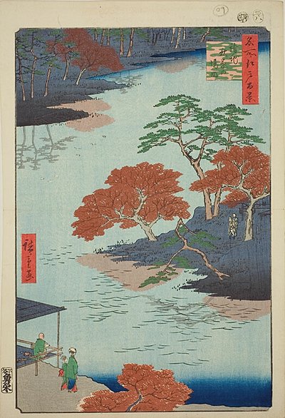 Akiba-pyhäkön esikuvat, Ukeji (Ukeji Akiba no keidai), nro 91 sarjasta "Sata kuuluisaa näkymää Edosta (Meisho Edo hyakkei)". tekijältä Utagawa Hiroshige