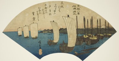 Paluupurjeet Tsukudajimassa (Tsukudajima kihan), sarjasta "Kahdeksan näkymää itäpääkaupungista (Toto hakkei)" tekijältä Utagawa Hiroshige