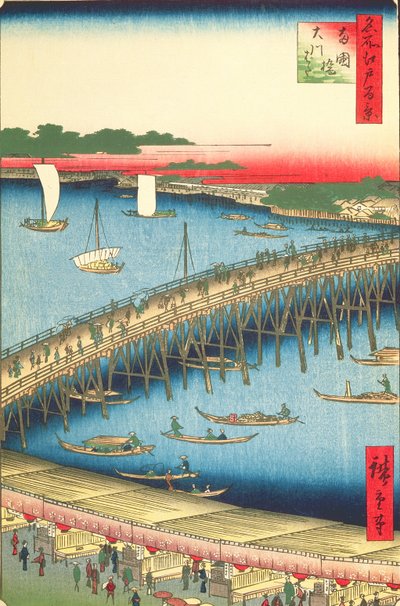 Ryogoku Bridge and the Great Riverbank, nro 59 Sata kuuluisaa Edon näkymää, 1856 (puupalikkaväripainatus) tekijältä Utagawa Hiroshige